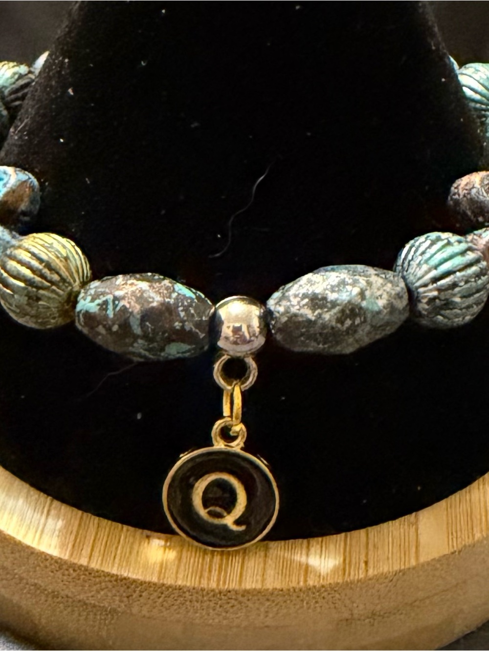 Gold 'Q' Initial Charm Bracelet with Patina Green Beads